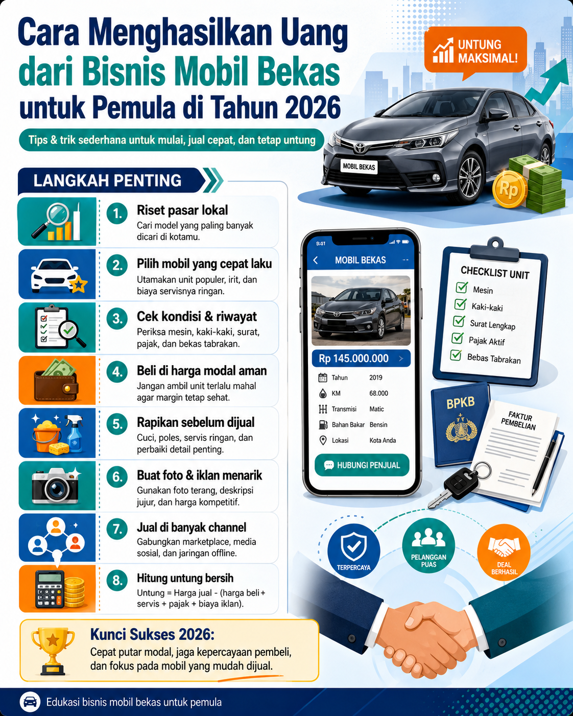Cara menghasilkan uang dari bisnis mobil bekas untuk pemula di 2026, lengkap dengan tips modal, strategi jual beli, dan cara cari untung.
