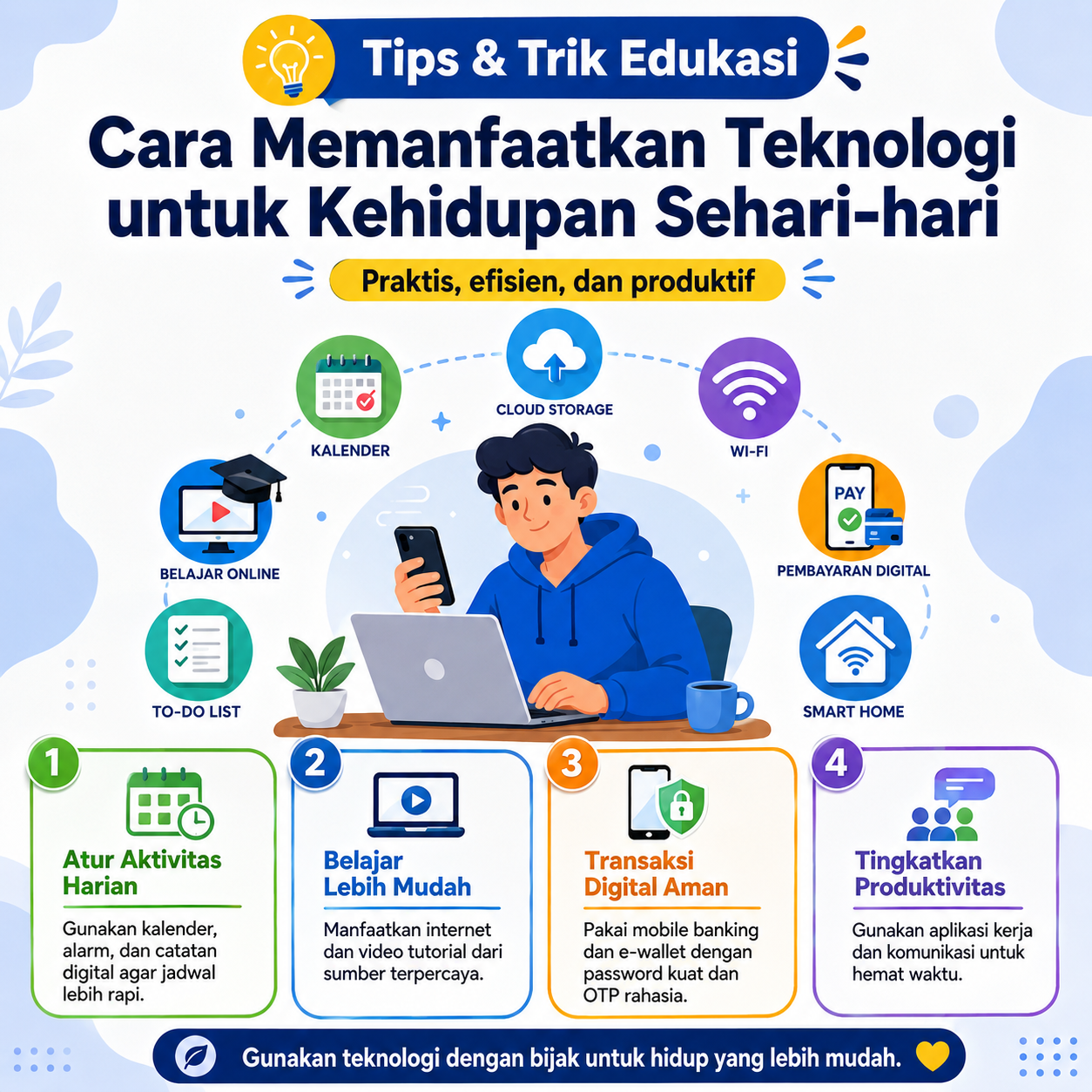 Pelajari cara memanfaatkan teknologi untuk kehidupan sehari-hari agar aktivitas lebih praktis, efisien, dan produktif.