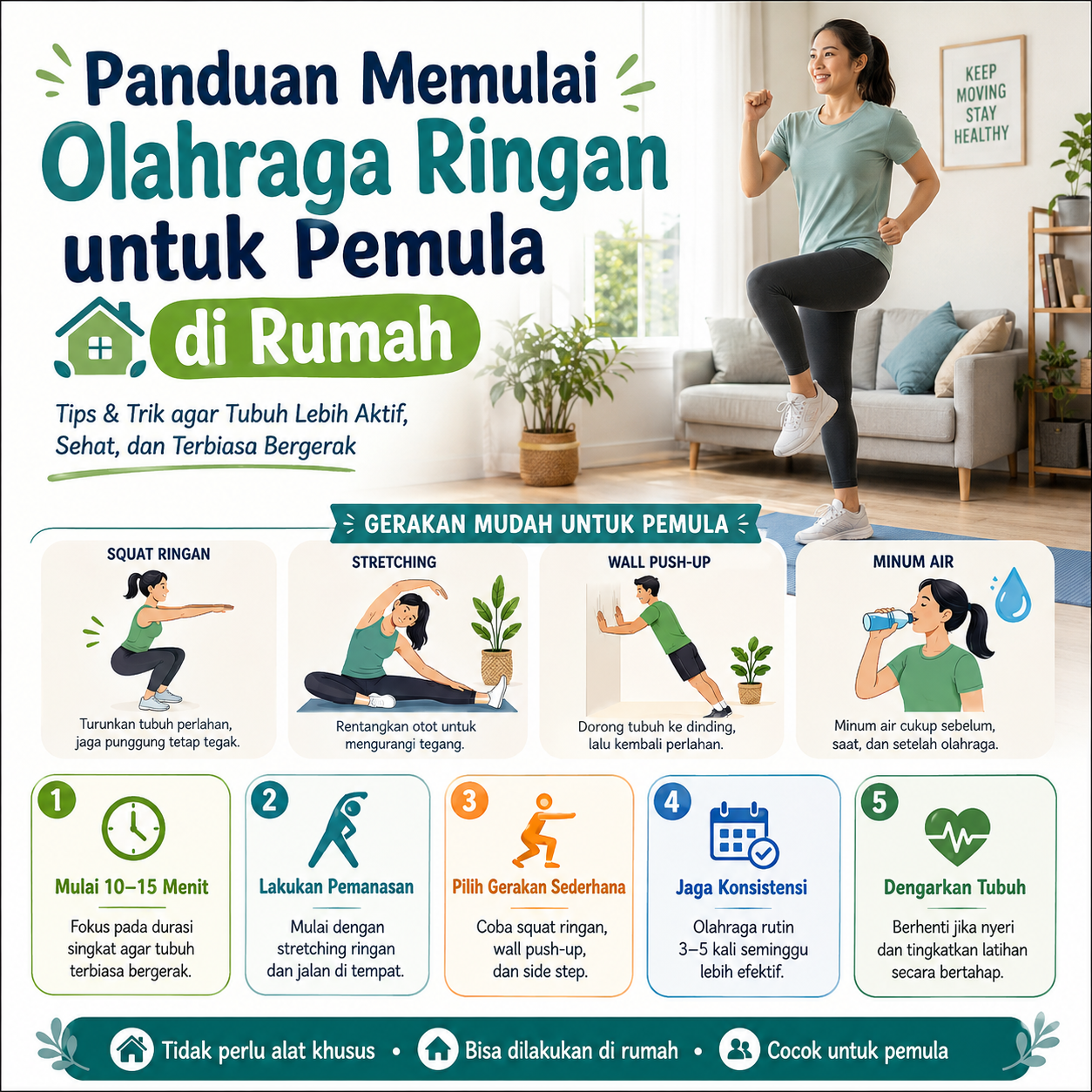 Temukan panduan olahraga ringan di rumah untuk pemula agar tubuh lebih aktif, sehat, dan terbiasa bergerak tanpa alat khusus.