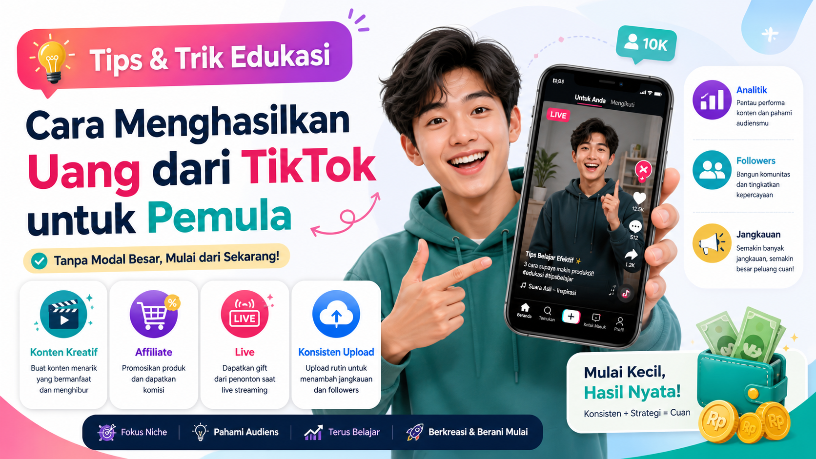 Cara menghasilkan uang dari TikTok untuk pemula tanpa modal besar lewat konten kreatif, affiliate, live, dan strategi monetisasi yang mudah diterapkan.