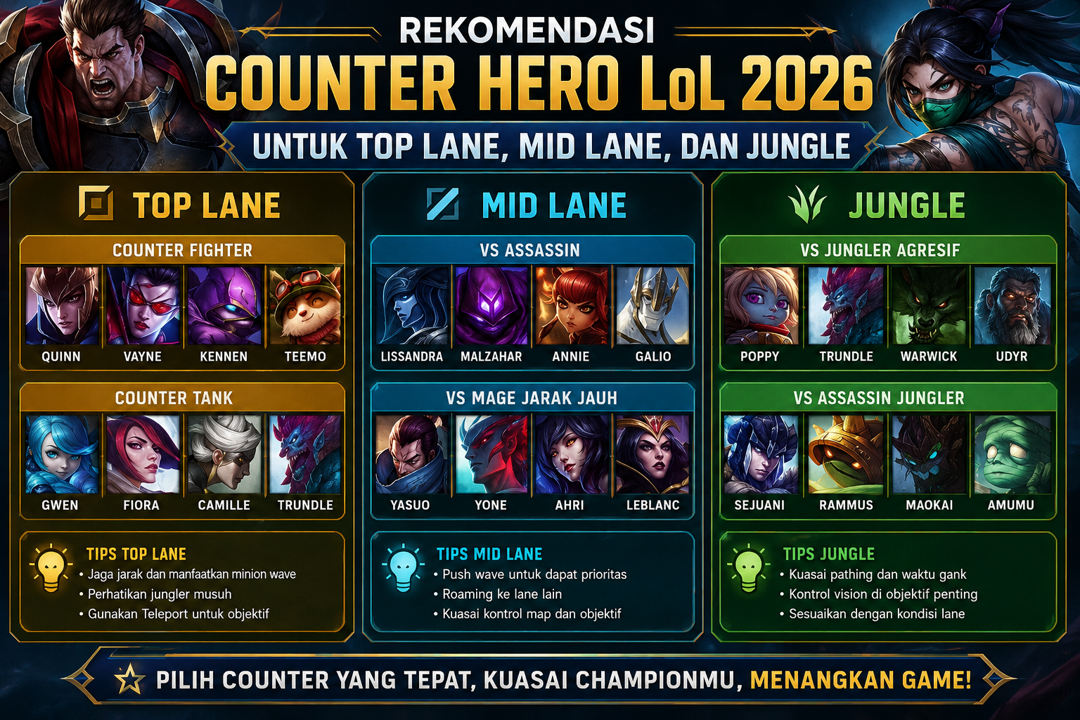 Panduan counter hero League of Legends 2026 untuk Top Lane, Mid Lane, dan Jungle lengkap dengan pilihan champion yang efektif di setiap role.