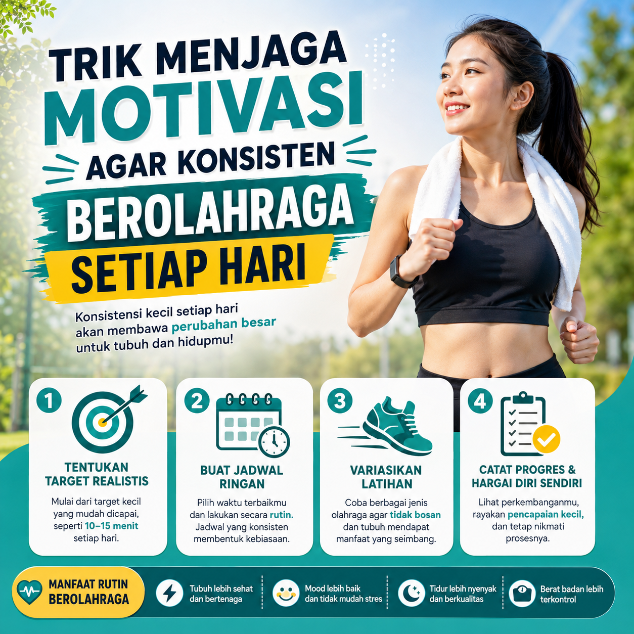 Temukan trik menjaga motivasi agar konsisten berolahraga setiap hari dengan target realistis, jadwal ringan, dan kebiasaan sehat yang mudah dicoba.